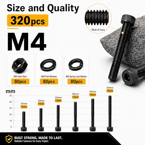 320PCS M4 Screws Kit, M4x25/30/35/40/45/50mm Hex Socket Head Cap Bolts Nuts Washers Assortment Set, 12.9 Grade Alloy Steel Black Oxide, M4 Metric Screw for 3D Printer, DIY& Repairs - size: M4 320pcs