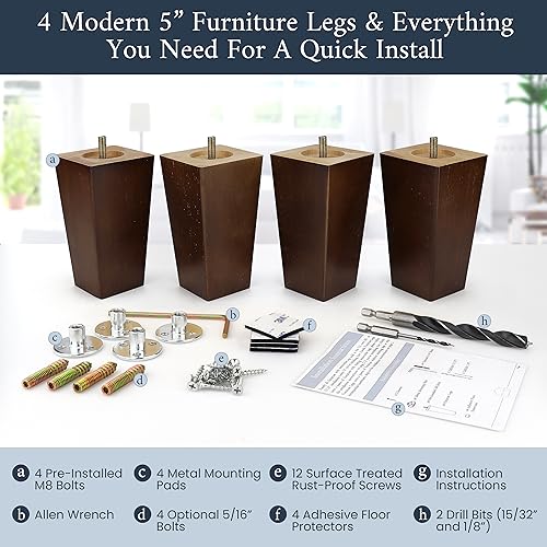 Airy Abode Premium Walnut Square Furniture Legs (Full Install Kit) - Pick Your Size and Color - color: Brown, size: 5 Inches