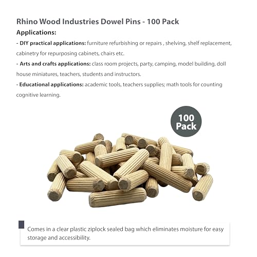 3/8" x 1-1/2" Wooden Dowel Pins, 100-Pack – Kiln-Dried Birch, Fluted & Beveled (3/8" x 1 1/2", 100pk) - size: 3/8" x 1 1/2"