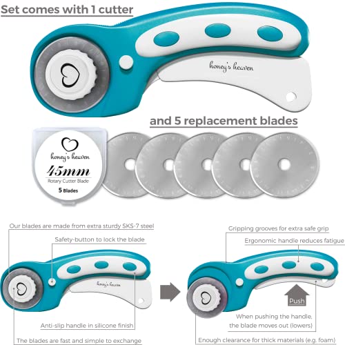 Rotary Cutter Set - Quilting Kit incl. 45mm Fabric Cutter, 5 Replacement Blades - Ideal for Crafting, Sewing, Patchworking, Crochet & Knitting (Turquoise, Cutting Mat Set (36" x 24")) - color: Turquoise, size: A1 (36" x 24")