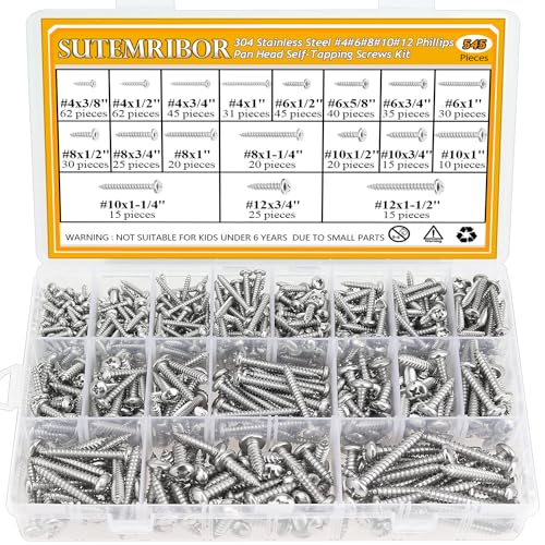 545 Pieces #4#6#8#10#12 Wood Screws Set, Phillips Pan Head #4#6#8#10#12 Self-Tapping Screws Assortment Kit, 304 Stainless Steel - size: Wood Screws Kit (#4#6#8#10#12), style: Phillips Pan Head
