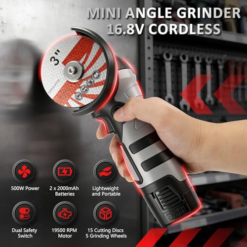 16.8V Mini Angle Grinder Cordless with 2 X 2Ah Battery & 20 Discs, 3 inch