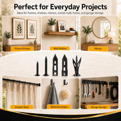 Jyphorixal 150Pcs Self Drilling Drywall Anchors with Screws Kit,Zinc Plated Steel,2 Sizes Expansion Screws and 2 Sizes Wall Anchors, Easy Application No Drill or Holes in Wall.(Electrophoretic Black) - size: Black 150Pcs 2Size kit