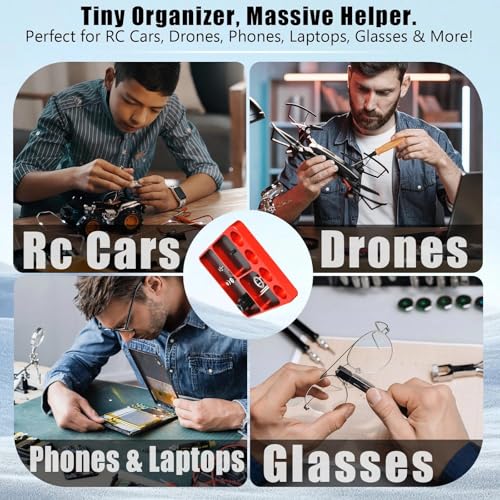 Magnet Tool Tray Aluminum Alloy Screw Tray with Tool Holder RC Parts Fixing for 1/10 RC Cars, Drones, Phone, Computer, Eyeglass, Electronic Multi-Compartment Anti-Loss Organizer Storage Box (Red - color: Red