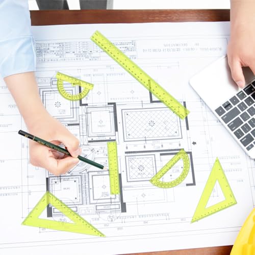 Plastic Clear Ruler Math Set, 6" | 12" Straight Ruler Protractor, 2 Protractors 180 Degree 2 Triangle Rulers 45 | 60 Degree 2 Straight Rulers Measuring Tool for School Office Home Supplie, Yellow - color: Yellow