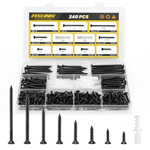 240PCS Wood Screws Assortment Kit, FIXLINK E-Coated Flat Head Screws Set - color: Black