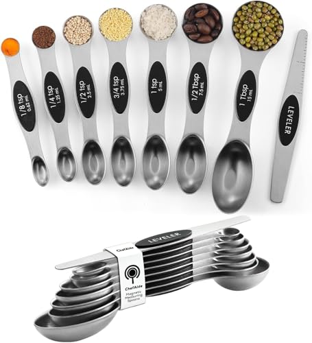 ChefAide Set of 8 Magnetic Measuring Spoons, Stainless Steel, Dual Sided - color: Black, size: Magnetic Measuring Spoons