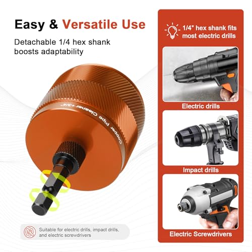 1/2" & 3/4" Copper Pipe Cleaner Set for Drill, with 1/4" Hex Shank & 6 Brush Blades & 2 Pipe Cleaning Brush, Plumbing Tools for Removing Rust, Stains & Paint from Copper & Metal Pipes, Orange - color: Orange