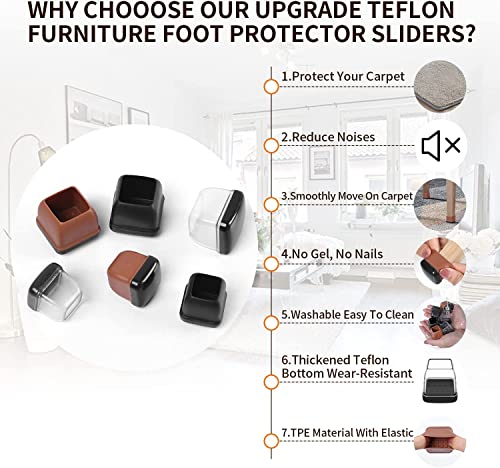 Ezprotekt Chair Leg Sliders for Carpet, 24 Pcs Square Chair Glides for Carpet, Carpet Furniture Pads Stool Leg Protectors Caps, Carpet Furniture Glides Quickly and Easily (L Fit:1" - 1.4") - size: L-Clear