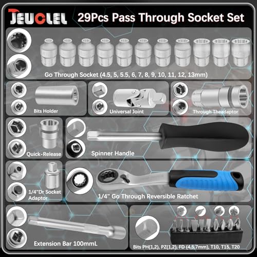 29PCS Pass Through Socket Set, 1/4" Drive Go-Thru Ratchet Kit
