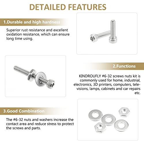 252 Pieces #6-32 x 3/16", 1/4", 5/16", 3/8", 1/2", 5/8", 3/4", 1", Hex Socket Head Cap Screws Nuts Washers Assortment Kit, 304 Stainless Steel, Fully Machine Thread - size: #6-32, style: Socket Head