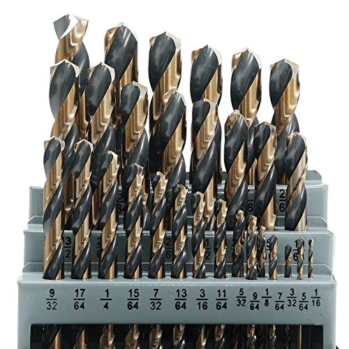 GMTOOLS 29Pcs Cobalt Drill Bit Set, 135 Degree Tip High Speed Steel with Black and Gold Finish, Stainless Steel, Plastic and Wood with Metal Indexed Storage Case 1/16"-1/2" - style: 29 pcs Black Gold