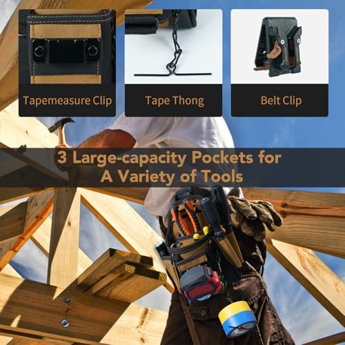 MELOTOUGH Small Electrician Tool Pouch With Belt Clip Attachment - 9 Pockets Tradesman Bag With Tape Thong - Holster for Electricians - color: Khaki Electrician Tool Pouch