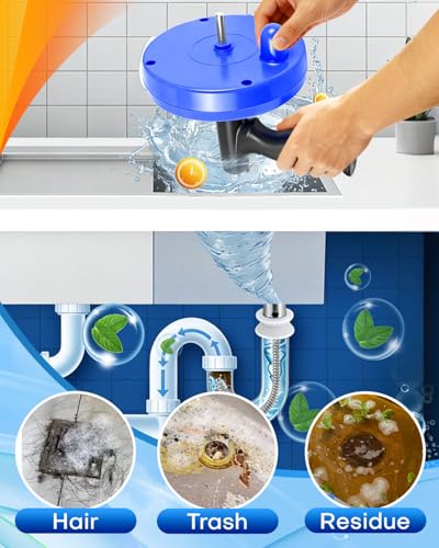 Drain Auger, 25FT Drain Snake with Drill Adapter, Flexible Plumbing Snake Clog Remover with Gloves & Cloth Bag, Use Manually or Powered for Kitchen Bathroom Shower Sink - Blue - color: Bule