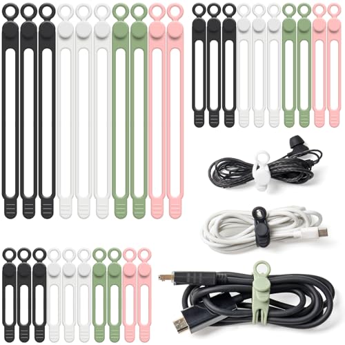 Silicone Cable Ties, 30Pcs Reusable Cord Ties in 3 Sizes for Various Cables