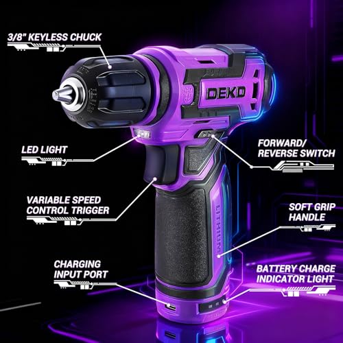 Cordless Drill：DEKOPRO 12V Power Drill Set 800RPM Electric Drills Small Drills with 3/8-inch Keyless Chuck and Portable Tool Set Gift Box (Purple)