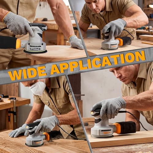 Random Orbital Sander: DEKOPRO 5" Corded 3.0 Amps Electric Sander with Dust Box, 6 Various Speeds Adjustable Palm Sander with Dust Box, 16Pcs Sandpapers for Woodworking & Sanding-Yellow
