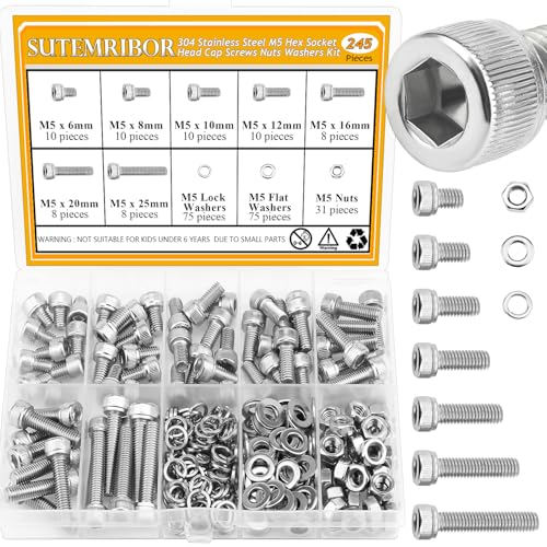 245 Pieces M5 Screws Nuts Washers Set, Sutemribor M5 x 6/8/10/12/16/20/25mm Hex Socket Head Cap Screws Nuts Washers Assortment Kit, 304 Stainless Steel, Fully Threaded - size: M5, style: Socket Head