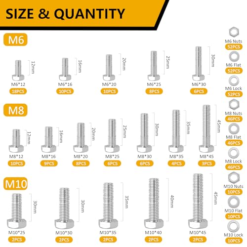 ZTF 432pcs Nuts and Bolts Assortment Kit,M6 M8 M10 Heavy Duty Bolts and Nuts Kit, M6x1.0 M8x1.25 M10x1.25 (12mm to 45mm) Hex Bolts and Nuts Kit, Fully Threaded Machine Screw Sets - color: White