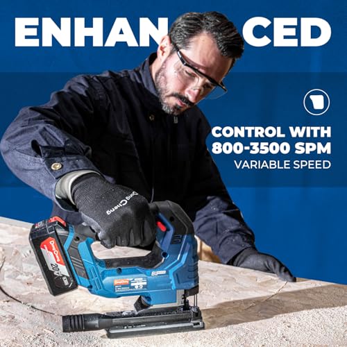 DongCheng 20V Brushless Cordless Jigsaw, 800-3500 SPM Variable Speed, 26mm Stroke, 4-Position Orbital Action, 0-45° Bevel Cut, Cuts Wood, Metal & Aluminum, 4.0Ah Battery, Charger, 6 Blades, Tool Bag - style: Jig Saw