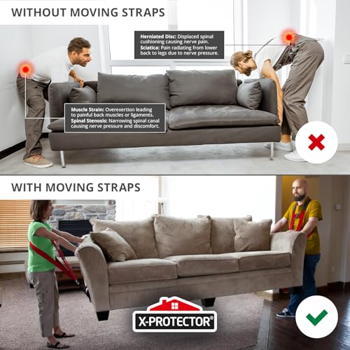 X-Protector Moving Straps - 2 Pairs - Red Lifting Straps for 2 Movers | Move Furniture Easily and Safely - Perfect for Lifting & Moving Heavy Objects (Adjustable Length 50-118”, with Back Support)