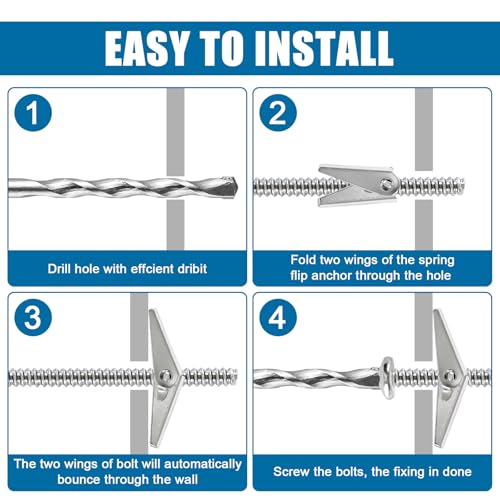 LEYU 34Pcs Butterfly Toggle Bolts Kit, Includes 1/4"-4pcs, 3/16"-8pcs, 1/8"-22pcs ，Zinc Plated Hollow Wall Anchors ，Drywall Toggle Bolts for Drywall, Plaster, Ceiling, and Hollow Wall Mounting