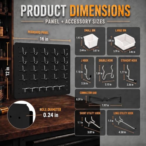 Pegboard Organizer Kit, 4 Pack 12 x 16 in Metal Panels with 6 Bins, Black - color: Black, size: 16"x12"- 4 Pcs