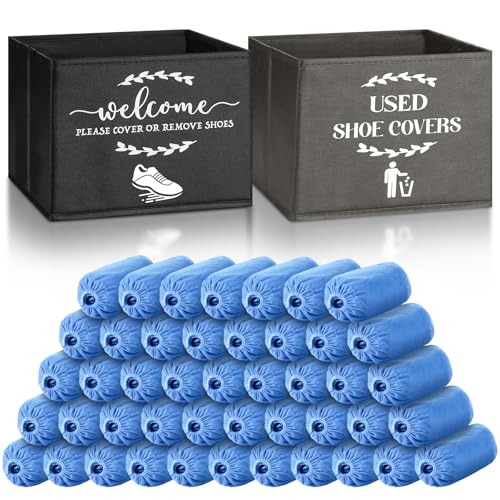 Suzile 200 Pcs Disposable Shoe Covers with 2 Pcs Box Open House Supplies Foldable Booties Shoe Covers Holder Storage Bin for House Indoor Guest Supplies, 10 x 10 x 8 Inch (Black,Gray,Blue) - color: Black,Gray,Blue