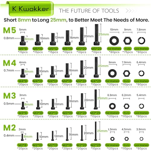 M2 M3 M4 M5 Hex Socket Bolt & Nut Assortment Kit, 1574Pcs - size: H. M2 M3 M4 M5