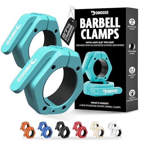DMoose Fitness Barbell Clips 2 Inch (Pair) - Quick Release Olympic Barbell Clamps & Collars with Anti Slip TPR Grip for Secure Weightlifting and Powerlifting - Weight Clips for Bars at Home or Gym - color: Cyan, style: Non Magnetic