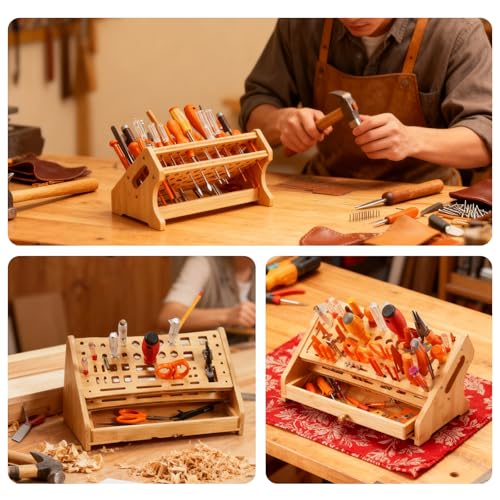 Wooden Screwdriver Organizer,Tool Bench Organizer, Repair Tool Storage Rack for Handicraft Desktop, Multi-functional Bamboo Tool Holder with Drawer