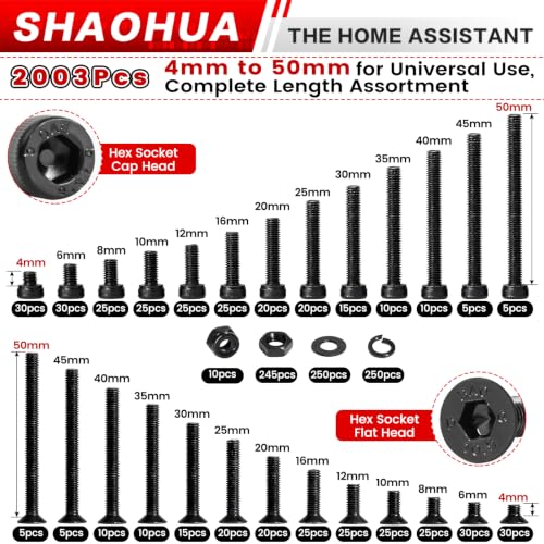 2002Pcs M4 Hex Socket & Flat Head Bolts and Nuts with Nylon Nuts - size: L. M4