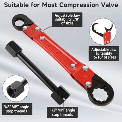 4Pcs Plumbing Tools Kit, Angle Stop Wrench Kit with 1/2 Inch Compression Sleeve Puller, Red Carbon Steel Plumbers Wrench for Installing and Removing Nut Ferrule Tight Spaces Under Sink