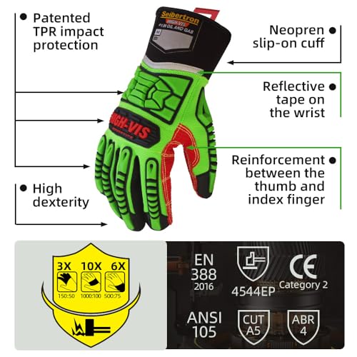 Seibertron High-Vis Series Cut Resistant Reducing Anti-Impact Mechanics Heavy Duty Safety Rescue Oil and Gas Gloves - color: Green-hdc5 En388 4544ep Cut Resistant, size: Medium (Pack of 1)