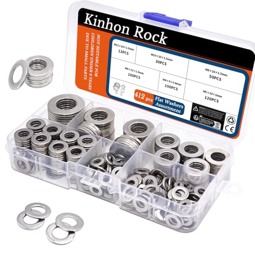 412pcs Flat Washer Set 304 Stainless Steel M4 to M12 Washers for Screws & Bolts A2-70 Metal Washers Assortment Fender Washers for Automotive & DIY - size: 412pcs Flat Washer Set