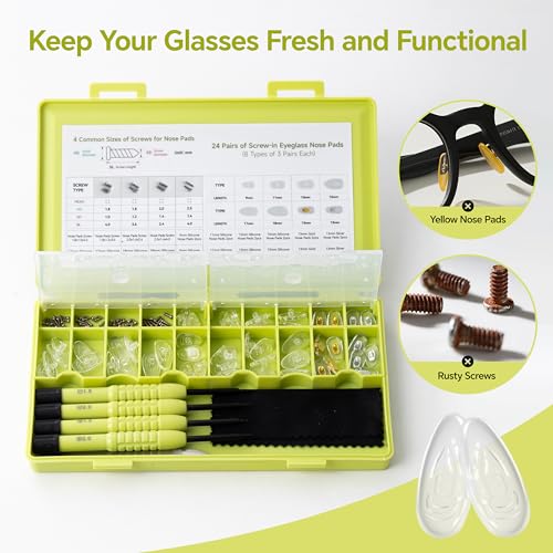 Eyeglass Nose Pads Replacement, 24 Pairs of Screw-in Glasses Nose Pads with Precision Screwdriver Set, Magnetic Eyeglass Repair Kit with Screws, Curved Tweezer for Travel, Birthday Gift, Christmas - color: Green