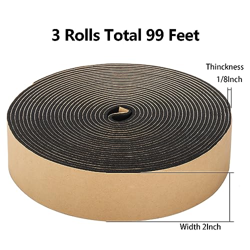 Jucoan 99 Feet Weather Stripping Foam Seal Tape, 2 Inch Wide x 1/8 Inch Thick Self Adhesive Foam Insulation Tape Weatherstrip Soundproof Tape for Pipe, Window Door Air Conditioner Seal, 3 Rolls - size: 2 In x 1/8 In x 99 Ft