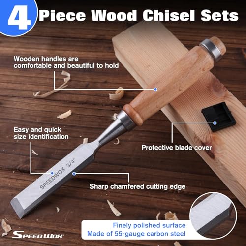 SPEEDWOX 4 Piece Wood Chisel Sets Professional Wood Chisel Set for Woodworking Tools Set Wood Tools Chisel Set Woodworking Wood Chisels for Woodworking 1/4"(6 mm), 1/2"(13 mm), 3/4"(19 mm), 1"(25 mm)