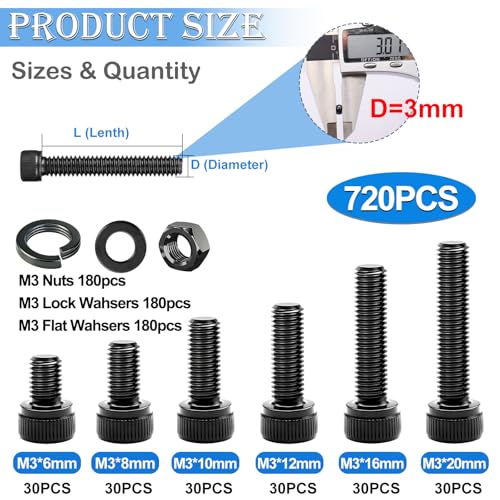 mxuteuk 720PCS M3 Screws Kit,M3×6/8/10/12/16/20mm M3 Screws Assortment Kits,12.9 Alloy Steel M3 Hex Socket Head Bolts Nuts Washers Set Suitable for 3D Printer,DIY - size: 720PCS M3