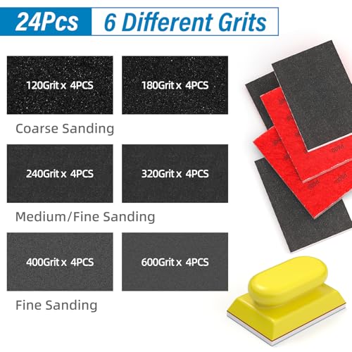 BURMONG Sanding Sponge Set, Reusable 3×4 Inch Wet Dry Foam Sanding Blocks for Wood, Furniture, Metal & Drywall (120-600 Grit Set)