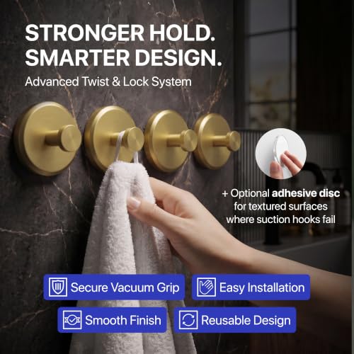 HOME SO Suction Cup Hooks for Shower & Bathroom Towel Holder 4-Pack Gold - color: Brushed Gold, size: 4 Pack