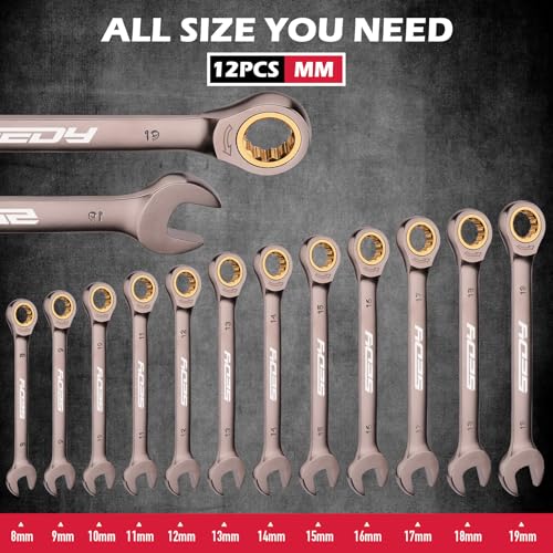 Premium 12-Piece Metric Ratchet Wrenches Set with Magnetic Organizer 8mm-19 mm, 72-Tooth Ratcheting Wrench Set, Cr-V Steel Ratchet Combination Wrench Set for Automotive, Machine Repair - style: 12-Piece Ratchet (Metric)