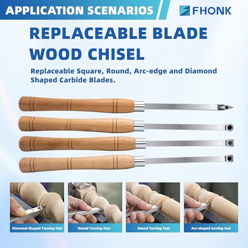 17 inch Wood Lathe Turning Tools Set 4 pcs, 17" Finisher Carbide Tipped Lathe Chisel Tool Bar, with Wooden Handles and Square Round Diamond Carbide Inserts