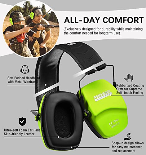 PROHEAR 016 Ear Protection Safety Earmuffs for Shooting, NRR 26dB Hearing Protector with Low-Profile Earcups, Compact Foldable Ear Defenders for Gun Range, Hunting (Fruit Green) - style: Passive – Green