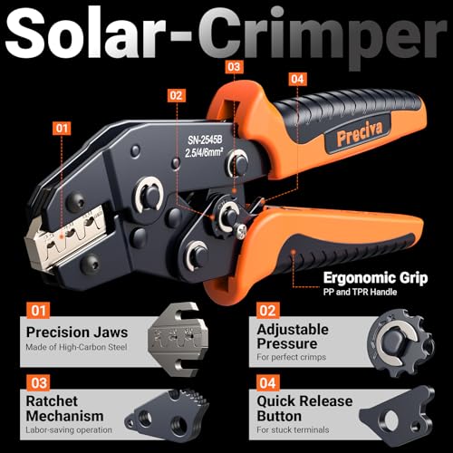 Preciva Solar Crimper Tool Kit, 10 Pairs MC4 Connectors & 2 Wrench, 1 Ratcheting Crimper for 13-9 AWG (2.5-6mm²) Cable, Waterproof PV Connector Assembly Kit with Carry Case for Solar Installation