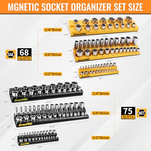 GRENPRO 8-Piece Professional Tool Organizer Set: 6-Piece Magnetic Socket Organizer & 2-Piece Wrench Holders for 1/4", 3/8", 1/2" Drive SAE & Metric Sockets and Wrenches | Saves Space & Easy Access