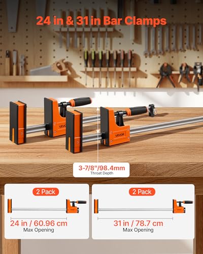 VEVOR Bar Clamps for Woodworking, 4-Pack, 24" and 31" F Clamps, 1100 lbs Load Limit, Clamp/Spreader 2 Modes, Soft Rubber Pads, Ergonomic Handle, Carbon Steel Bar, for Wood Working and Metal Working - size: 31"& 24" (4 Pack), style: Heavy-Duty