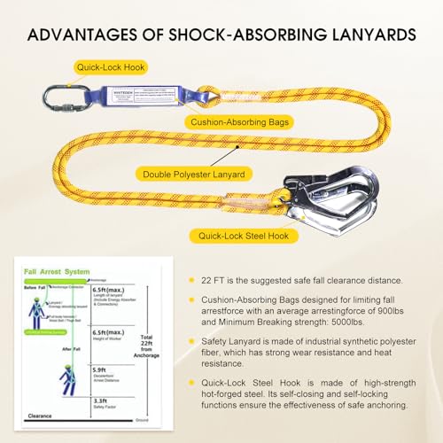 Fall Protection Premium Safety Harness with Shock Absorbing Lanyard, Vented & Padded Shoulder, Legs & Back - Upgrade 4 Quick Buckles (Yellow) - color: Yellow