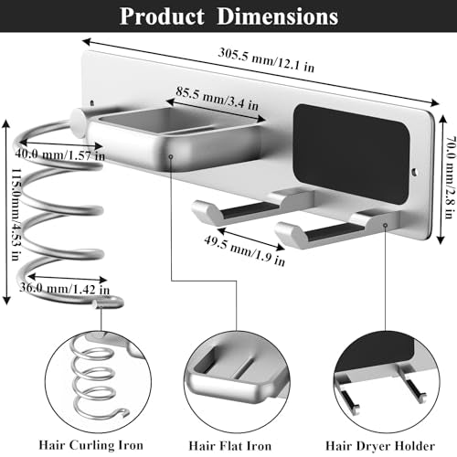 Tindbea Hair Dryer Holder Wall Mount Aluminum Alloy Hot Tools Organizer - color: Silver