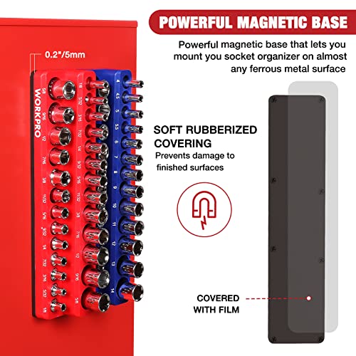 WORKPRO 1/4-inch Magnetic Socket Organizer Set, 2-Piece SAE & Metric Socket Holders, Holds 52 Standard and Deep Sockets for Tool Box, Tool Carts (Sockets Not Included) - size: 1/4" SAE&Metric